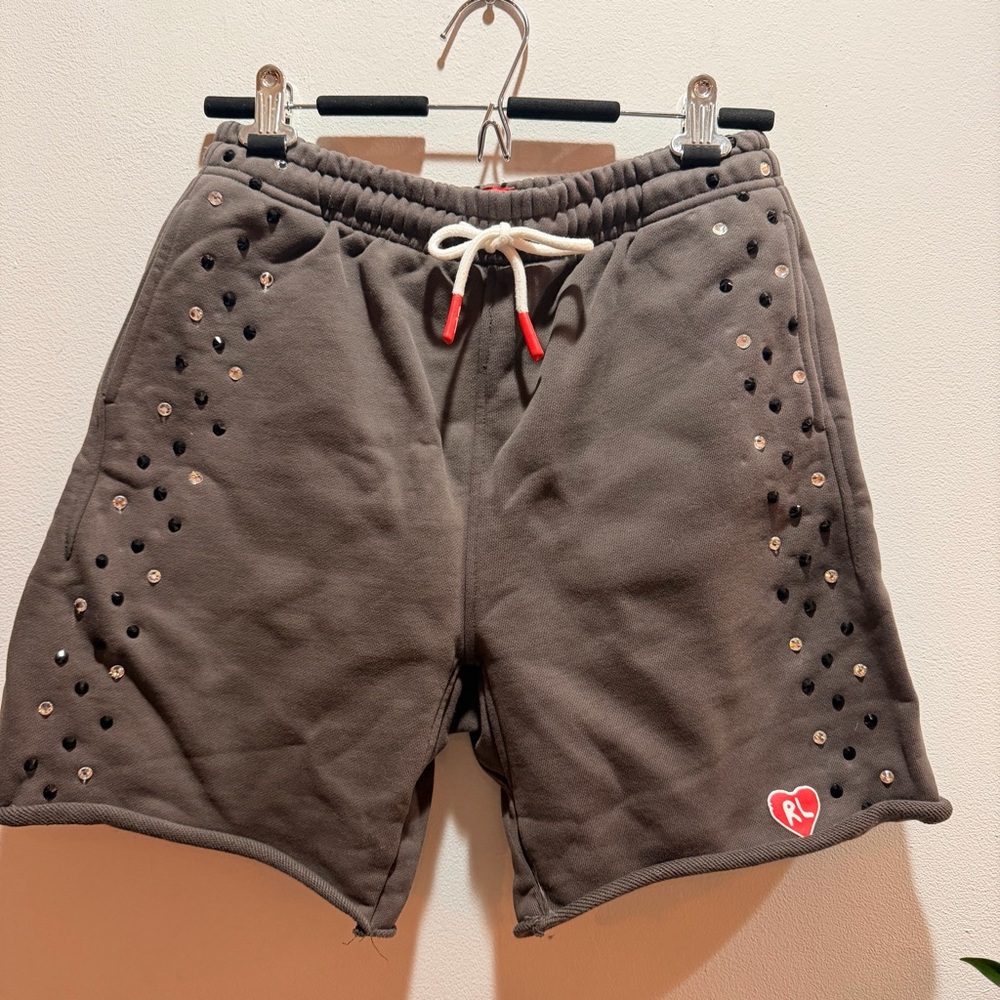 Red Letters Gray Athletic Shorts with Sequin Accents